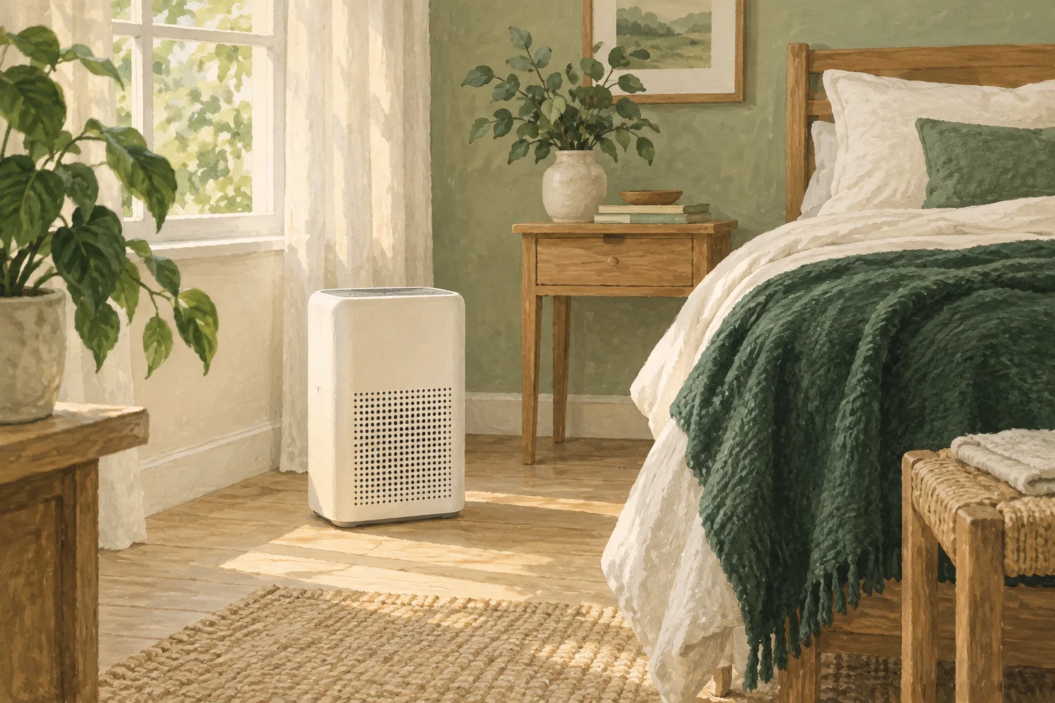 Illustration of a generic air purifier in a bedroom
