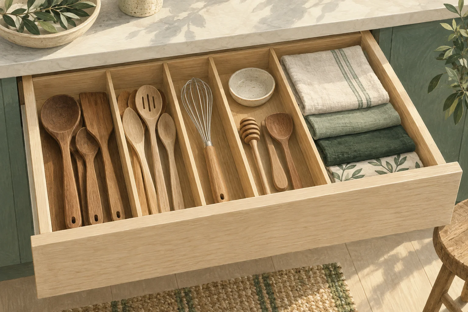 Illustration of low bamboo dividers in a shallow utensil drawer