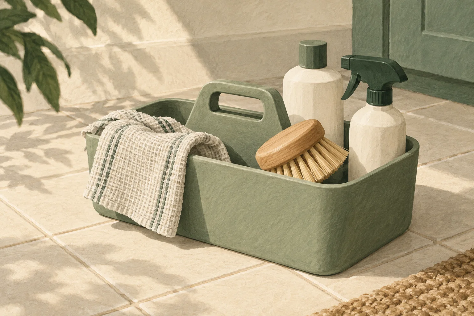 Illustration of a portable cleaning caddy with cloths and a brush