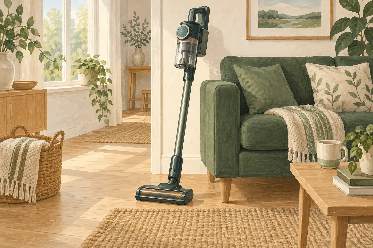 Illustration of a generic cordless vacuum in a living room