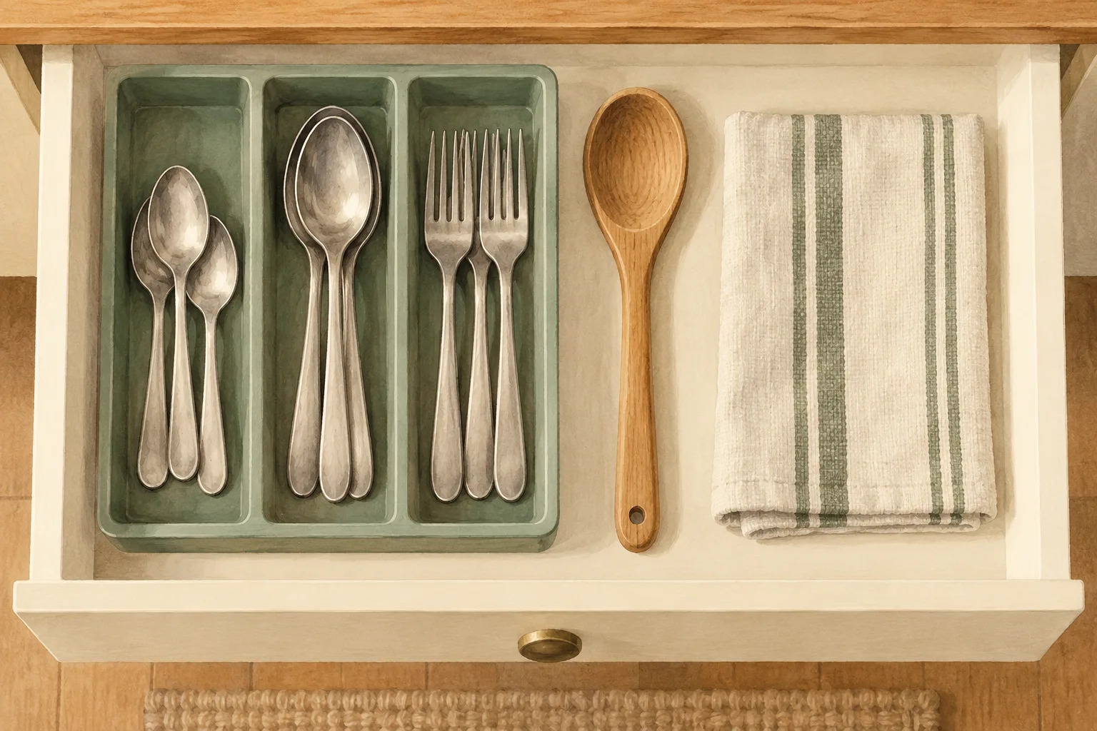 Overhead illustration of a cutlery tray in a cream drawer