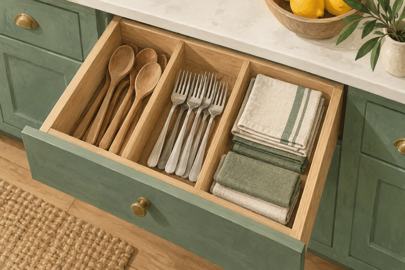 Illustration of a kitchen drawer organized into compartments