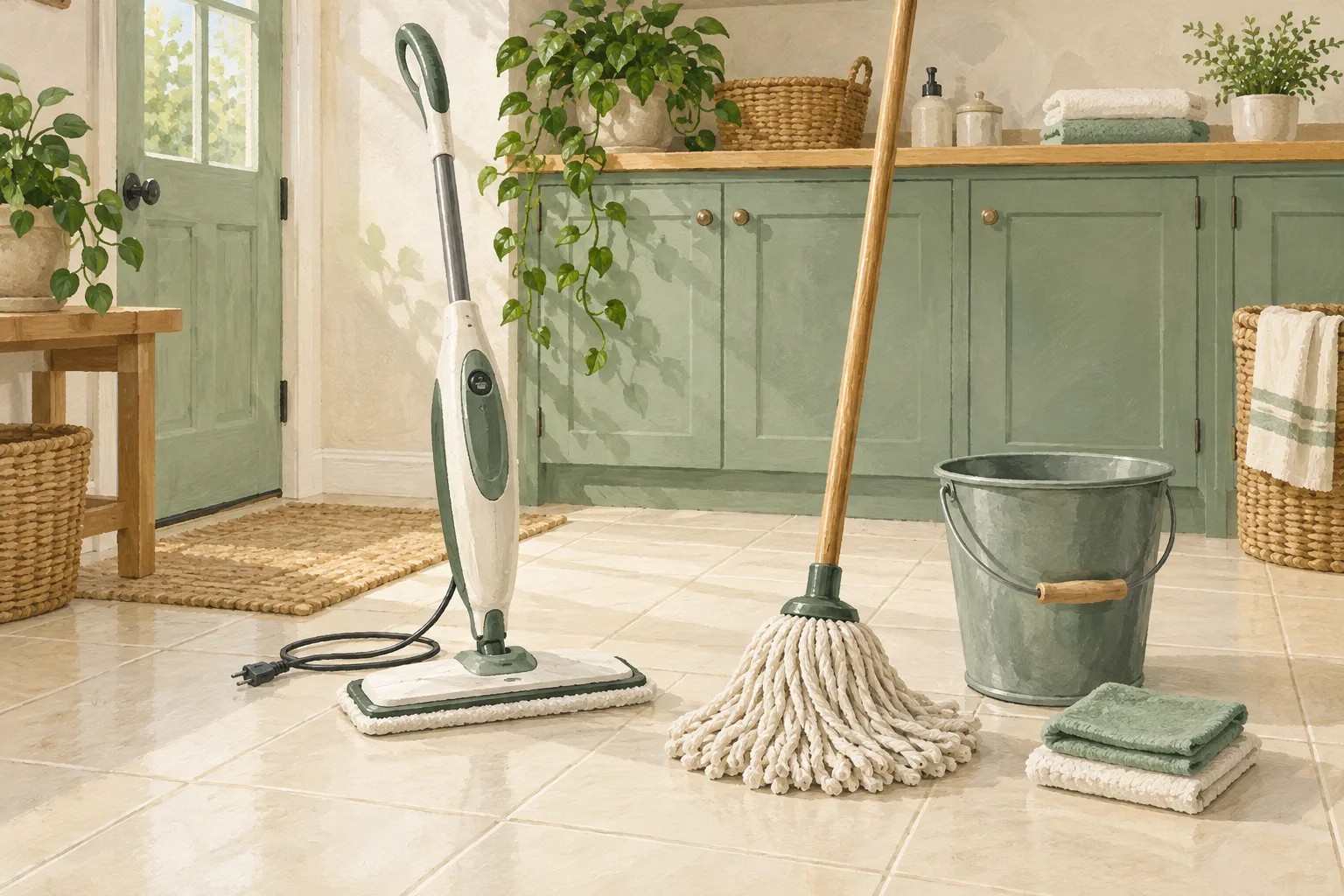 Illustration of a steam mop and traditional mop in a tiled room