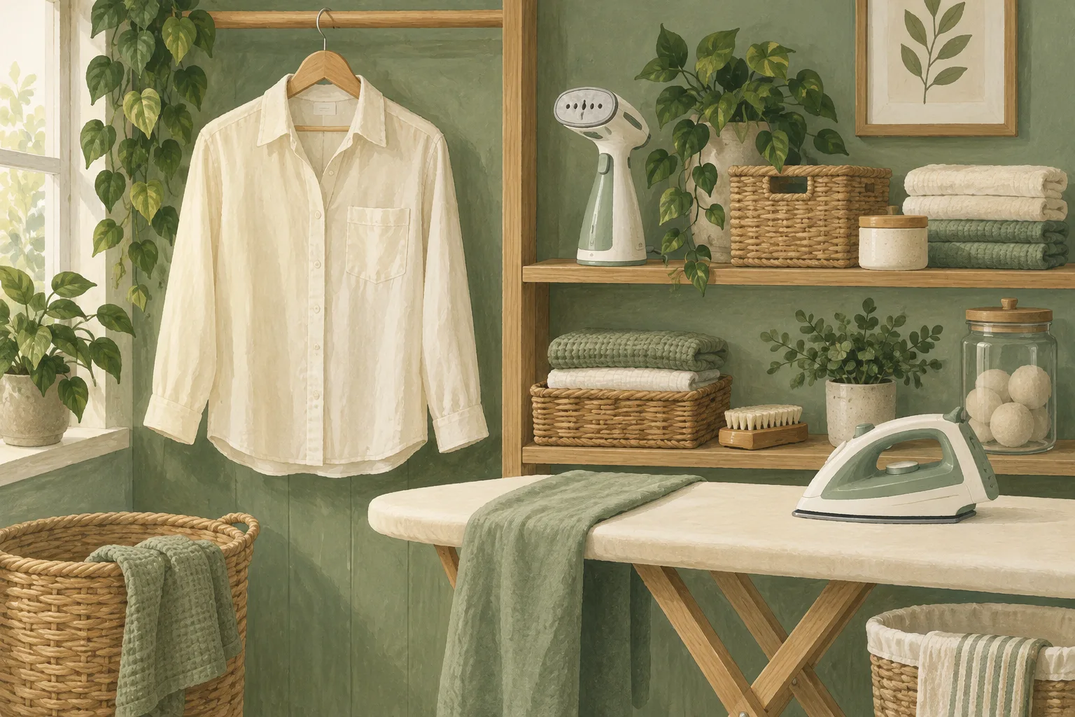Illustration of a steamer and iron in a garment care corner