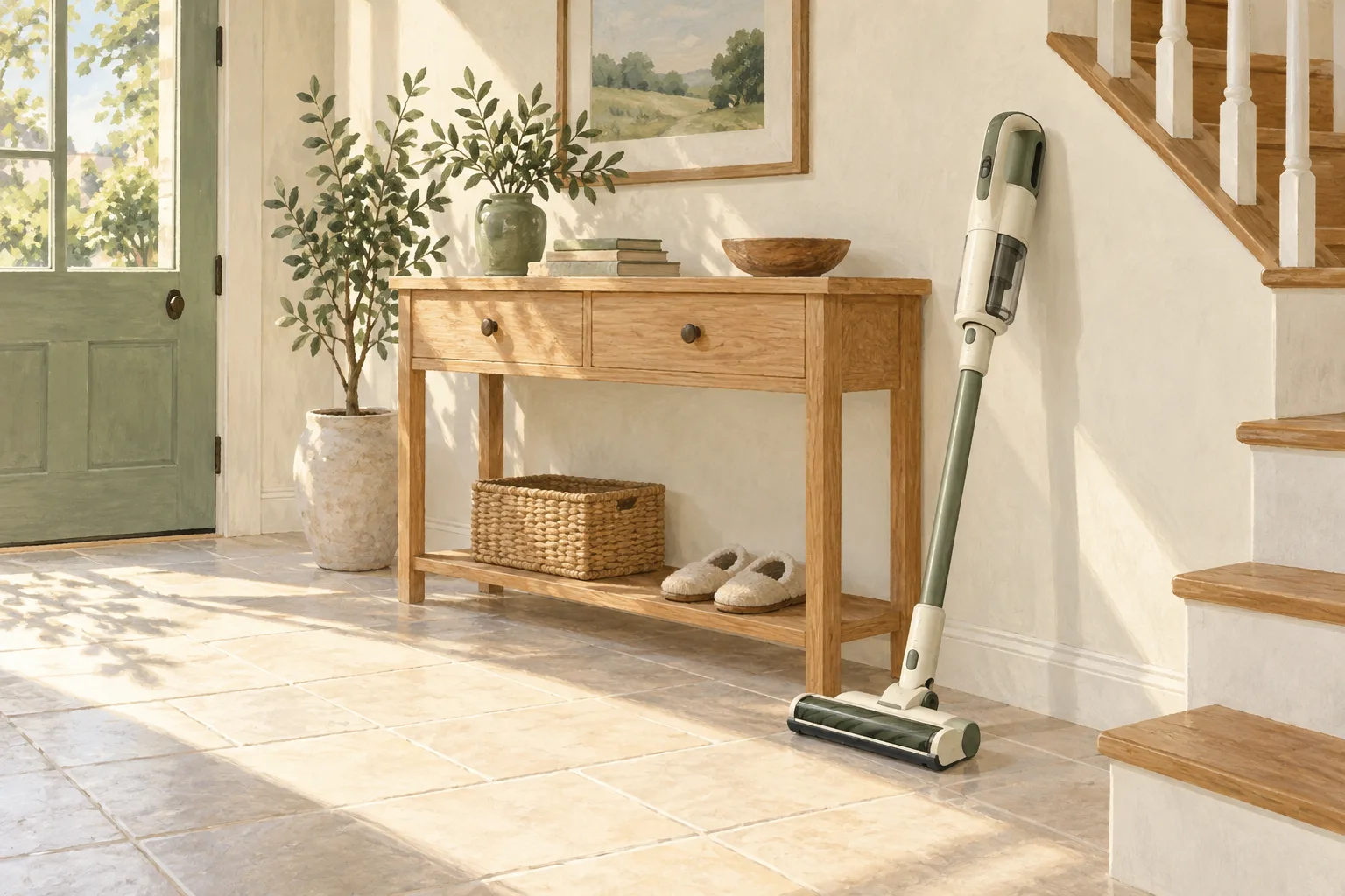 Illustration of a cordless vacuum beside a hallway staircase