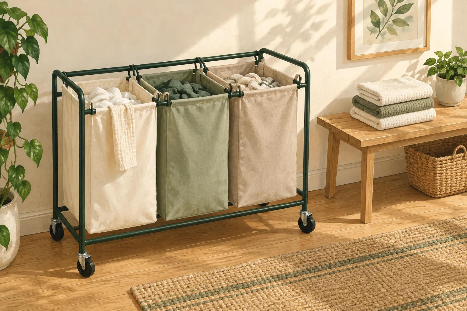 Illustration of canvas laundry bags on a wheeled cart