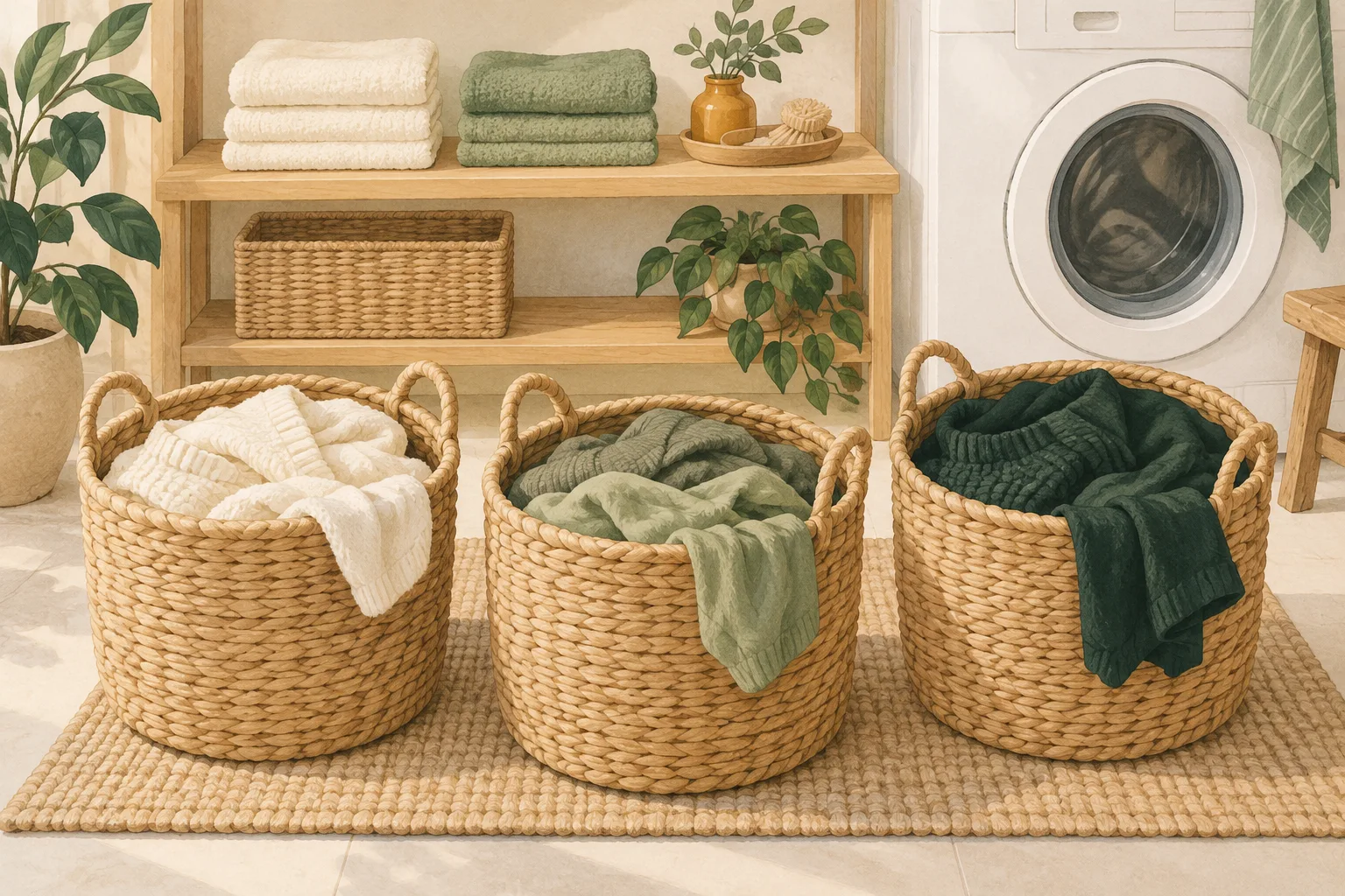 Illustration of laundry sorted into three baskets
