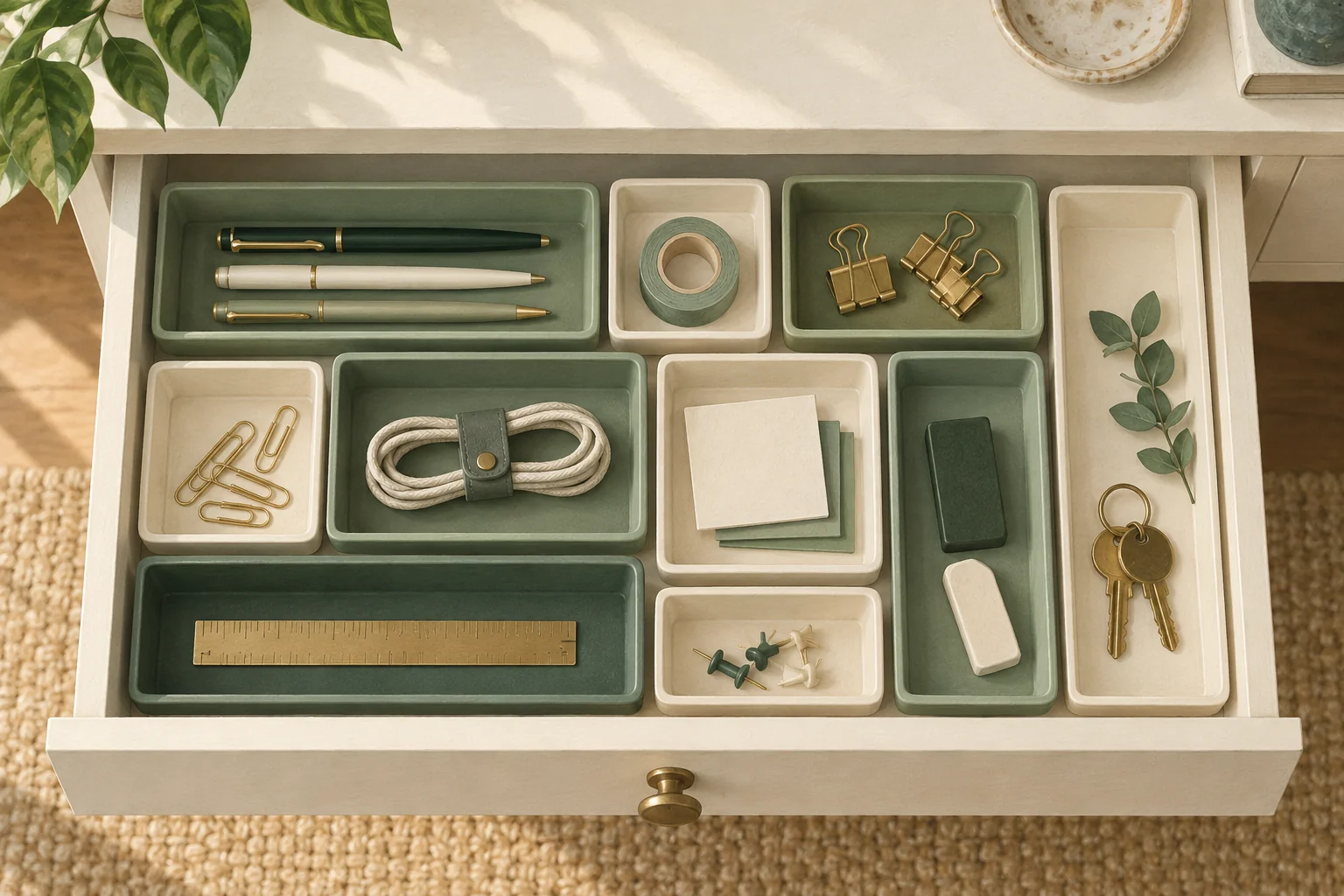 Illustration of small modular trays organizing a desk drawer
