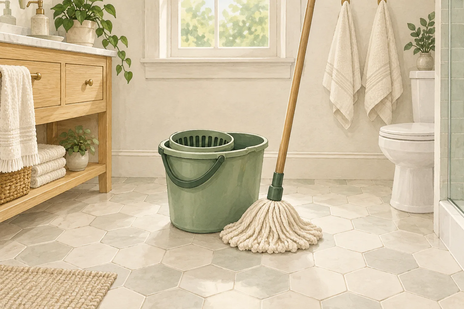 Illustration of a mop and wringer bucket on a bathroom floor