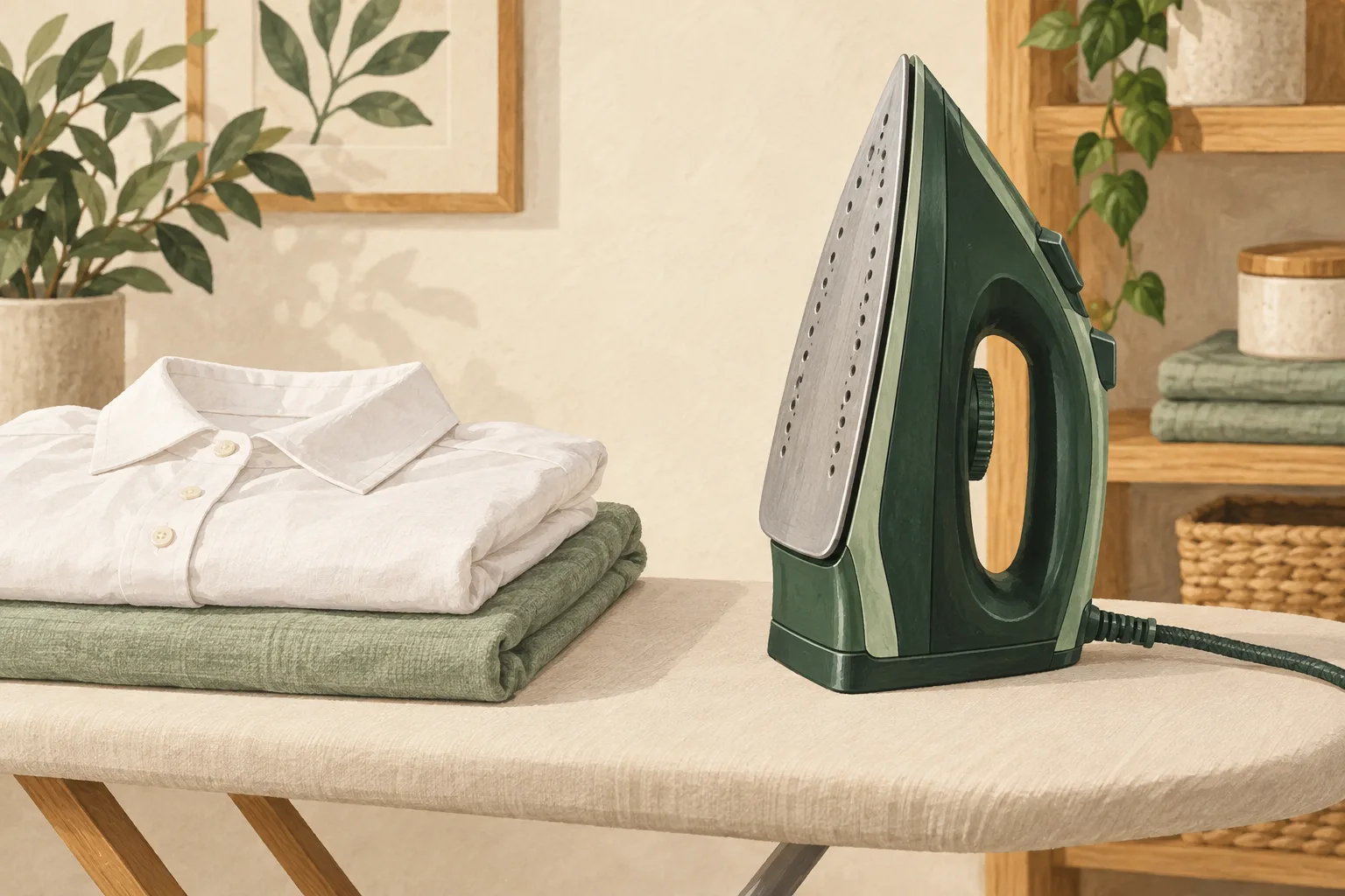 Illustration of an upright iron beside folded cotton clothing