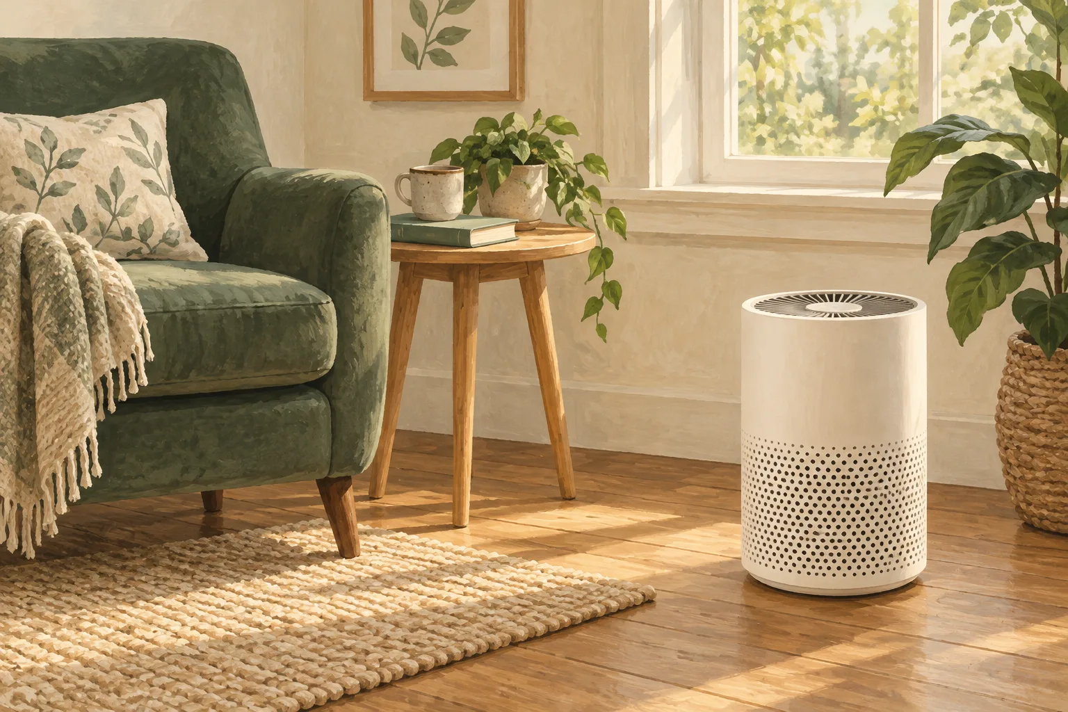Illustration of a cylindrical air purifier beside a reading chair