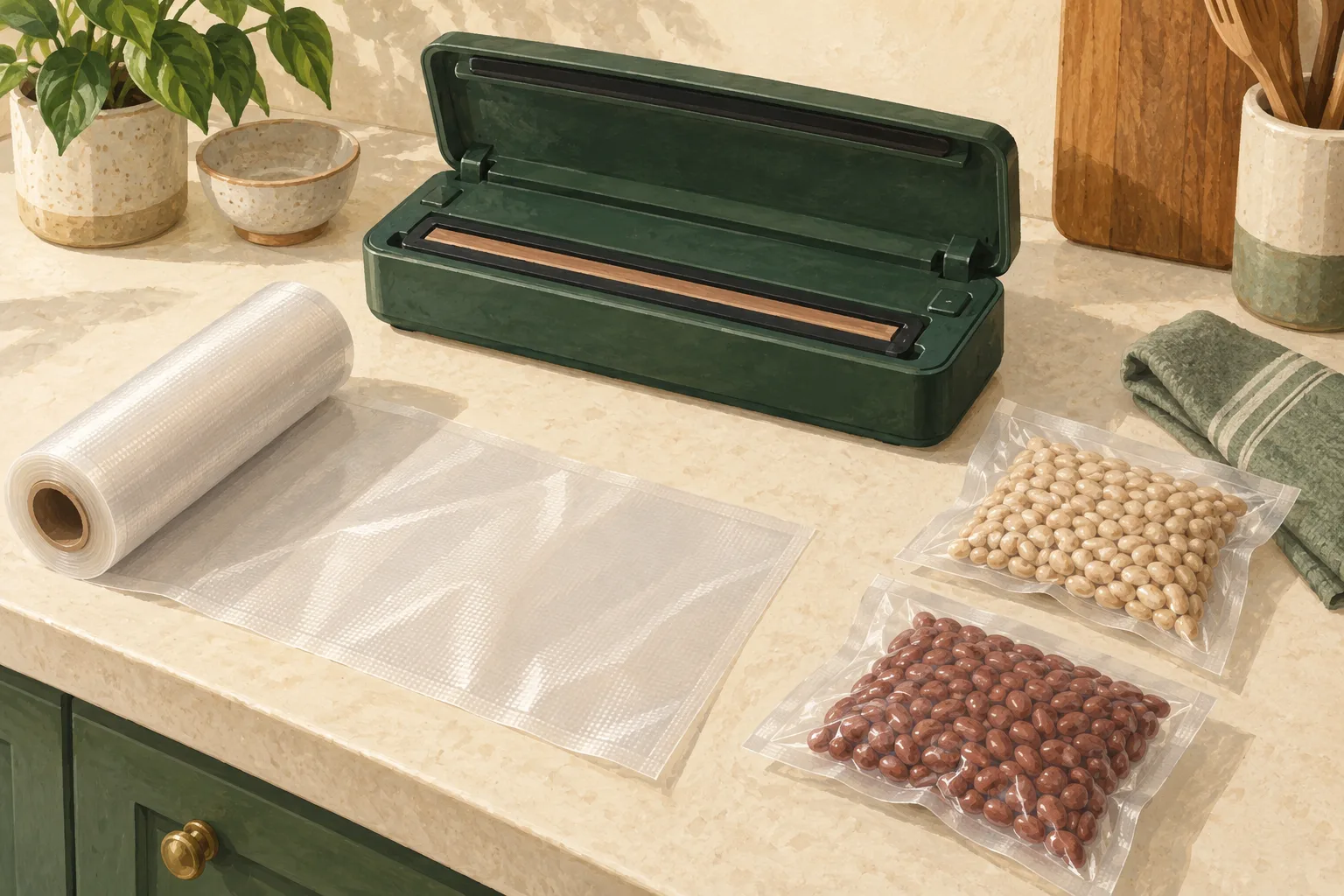 Illustration of an open food sealer with bag rolls and dry beans