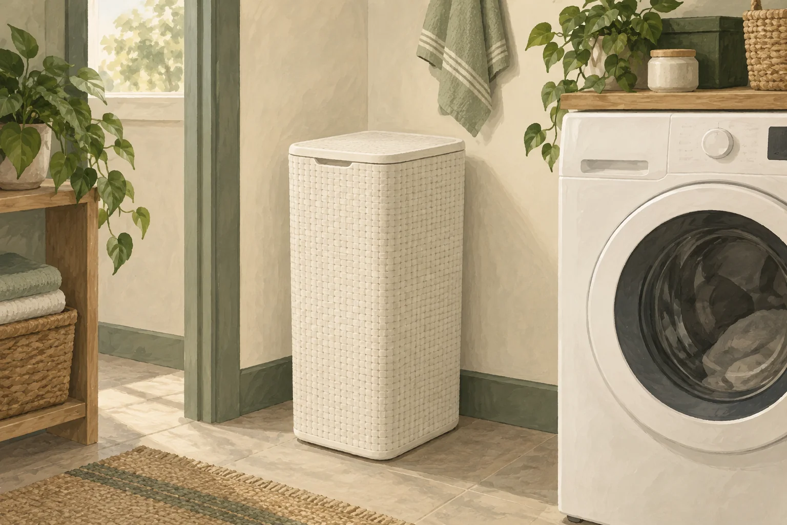Illustration of a narrow lidded hamper beside a washing machine