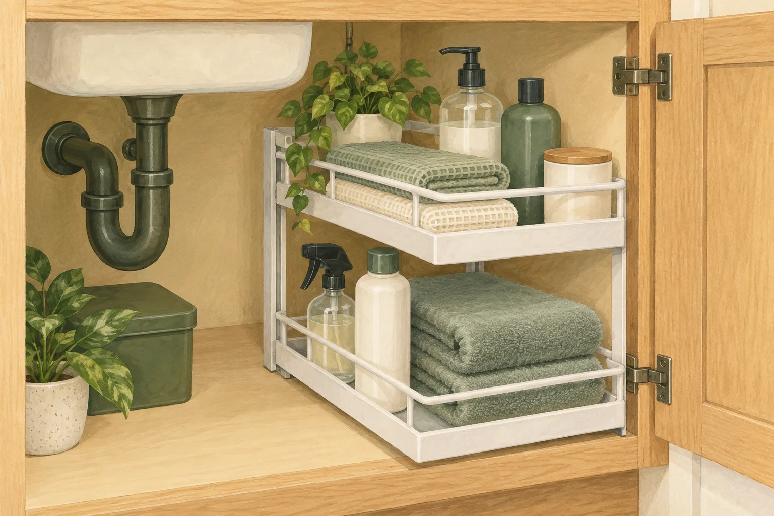 Illustration of a two-tier shelf beside under-sink plumbing