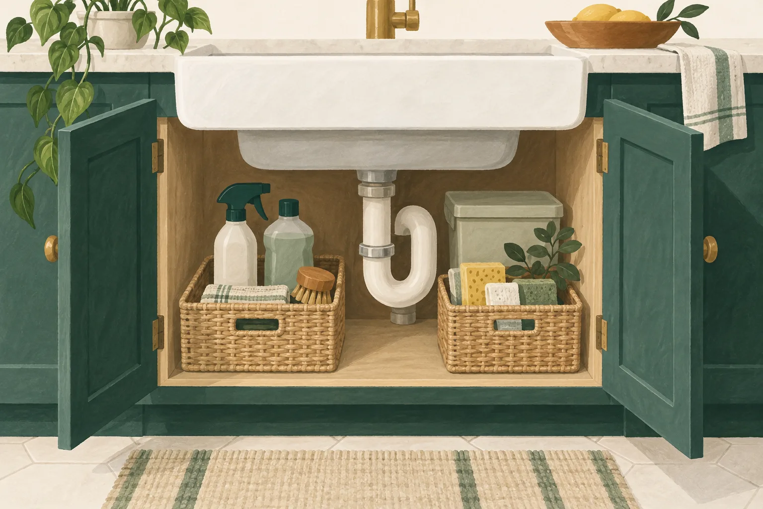 Illustration of baskets arranged around under-sink plumbing