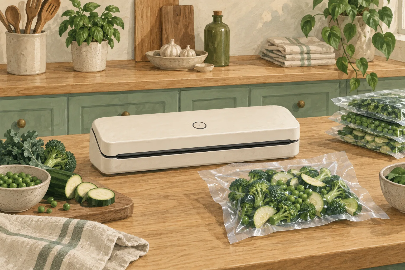 Illustration of a food sealer and packed vegetables on a kitchen counter